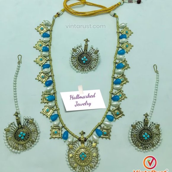Tribal Jewelry Set With Pearls And Golden Big Motif, Turquoise Beaded Necklace - Picture 3 of 10